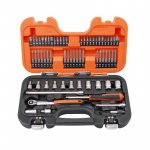 (Bild für) Satz 1/4"-Steckschlüsseleinsätze, metrisch, Sechskantprofil, Vierkantantrieb, inklusive Umschaltknarre schlanker Kopf, 65-tlg